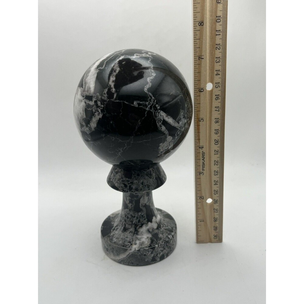 Vintage Natural Black White 7 in Marble Orb Sphere Sculpture Pedestal - Picture 4 of 5